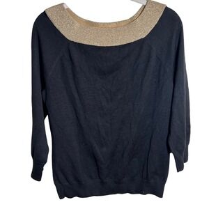 Lauren Ralph Lauren Black Gold Sparkle Boat Neck 3/4 Sleeve Sweater Top M *FLAW*